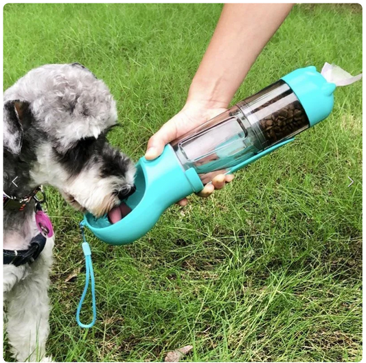 4-in-1 Pet Water Bottle, Treats, Scooper and Bag